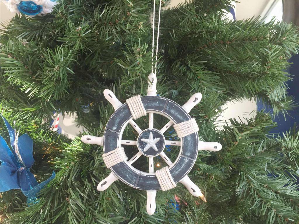 Rustic Dark Blue & White Decorative Ship Wheel with Starfish Christmas Tree Ornament, 6 in.