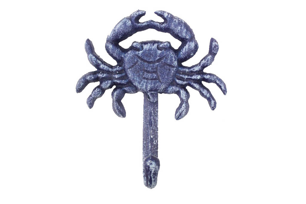 Rustic Dark Blue Cast Iron Wall Mounted Crab Hook, 5 in.