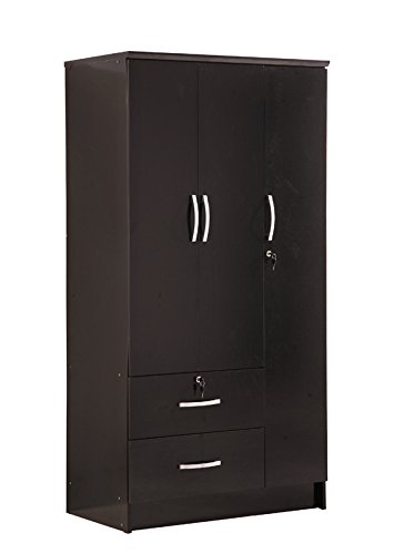 Picture of Hodedah HID4400 BLACK 3 Door Wardrobe With Two Drawers & Mirror - Black