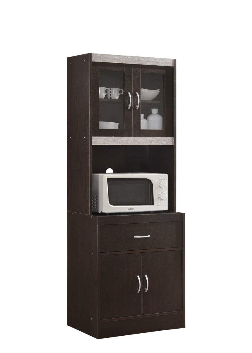Kitchen Cabinet with Top & Bottom, Enclosed Cabinet Space, 1-Drawer & Plus Large Open Space for Microwave - Chocolate & Grey