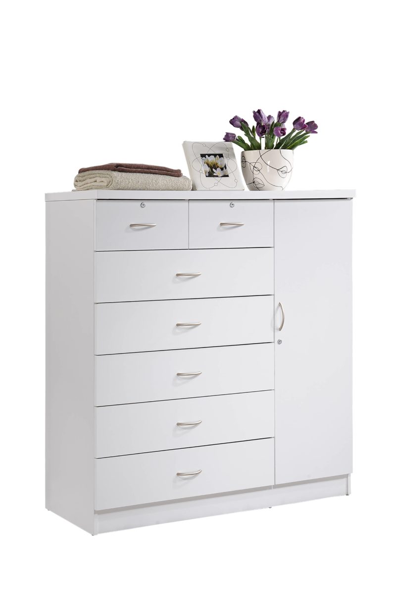 7-Drawer Chest with Locks on 2-Top Drawers Plus 1-Door, 3-Shelves - White