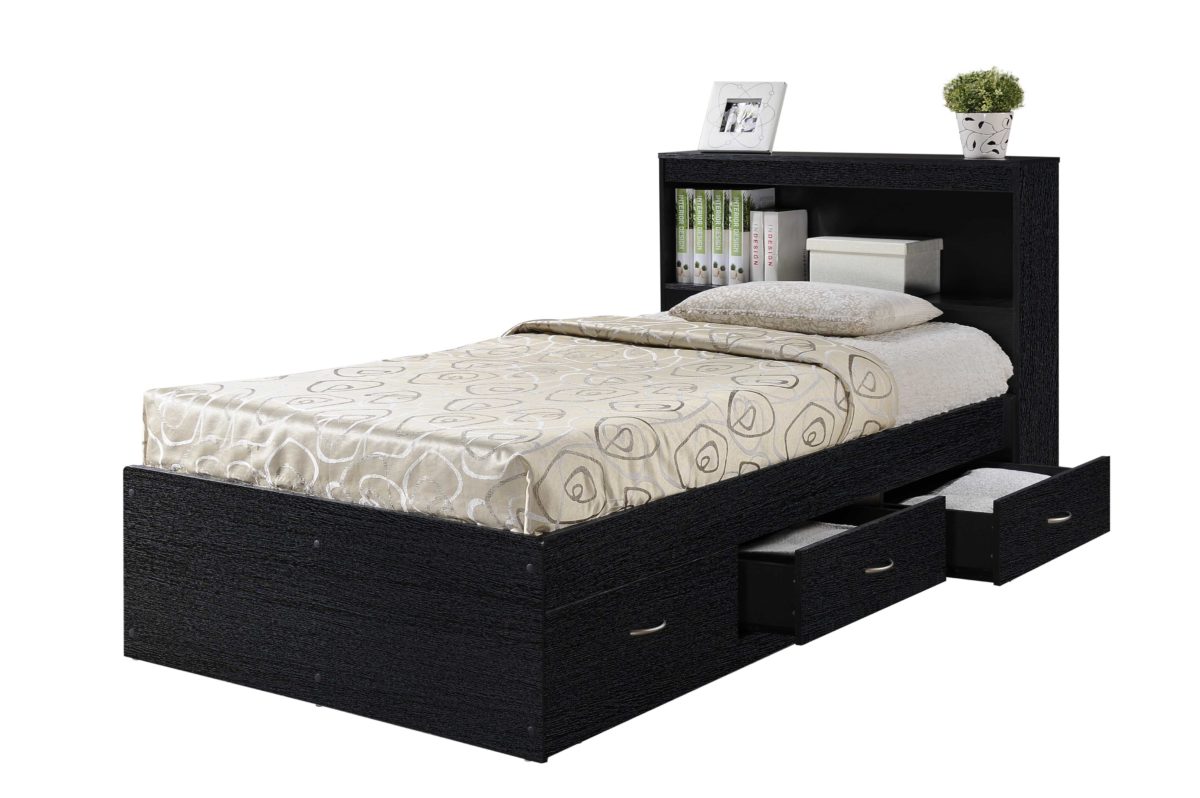 Twin-Size Captain Bed with 3-Drawers & Headboard - Black
