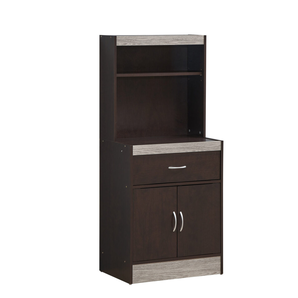 Picture of Hodedah HIK76 CHOCOLATE-GREY 54 x 15.75 x 23.62 in. Open Shelves&#44; 1-Drawer & Bottom Enclosed Storage Kitchen Cabinet&#44; Chocolate & Grey