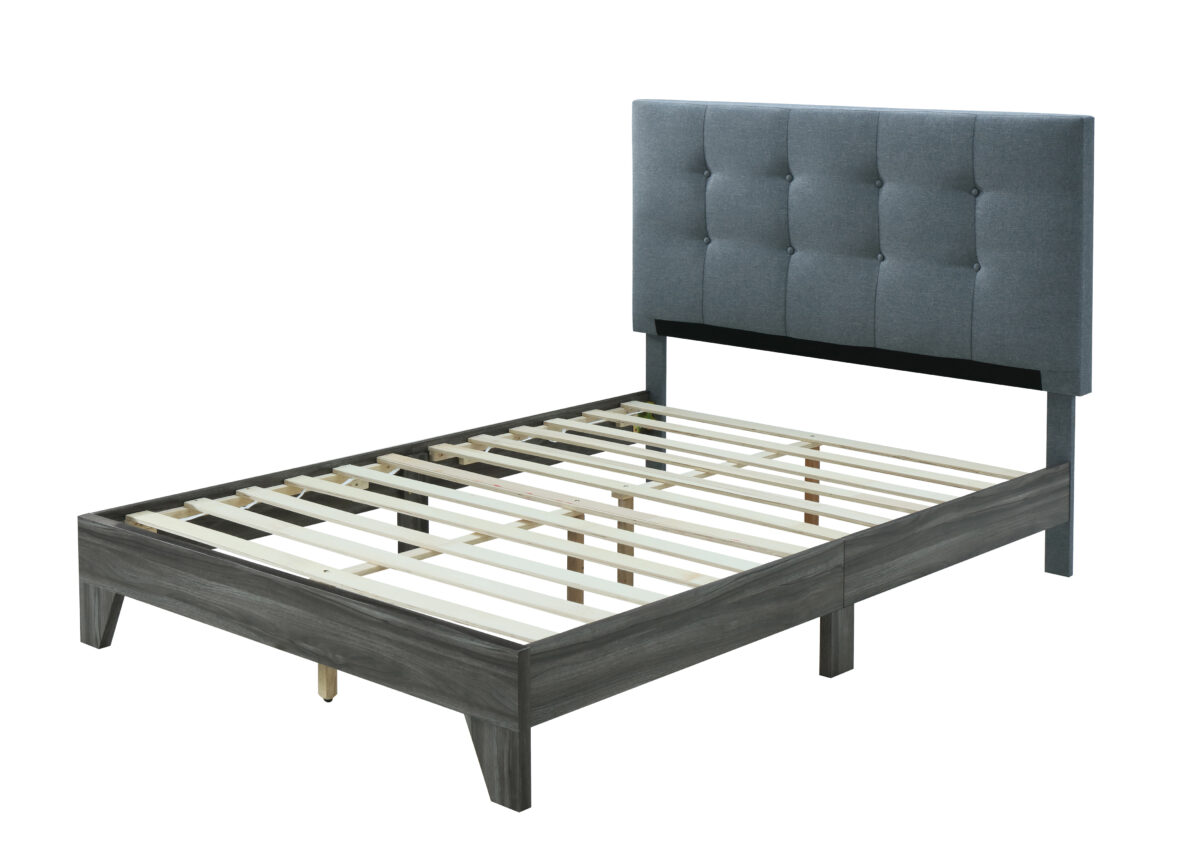 HI681 QUEEN GREY Grey Upholstered Platform Bed with Headboard & Wooden Frame, Queen Size