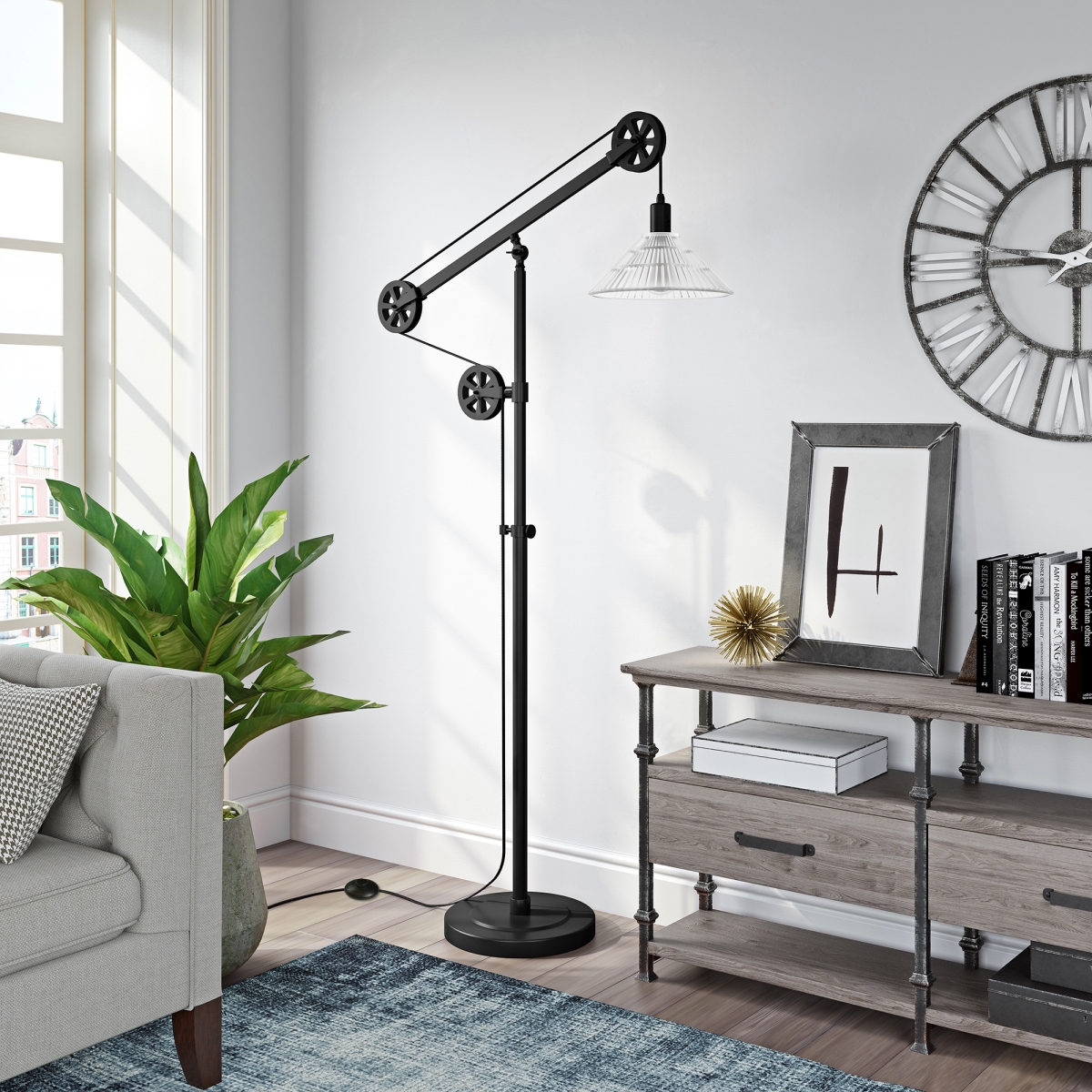 Picture of Henn & Hart FL0157 Descartes Blackened Bronze Floor Lamp with Ribbed Glass Shade & Pulley System