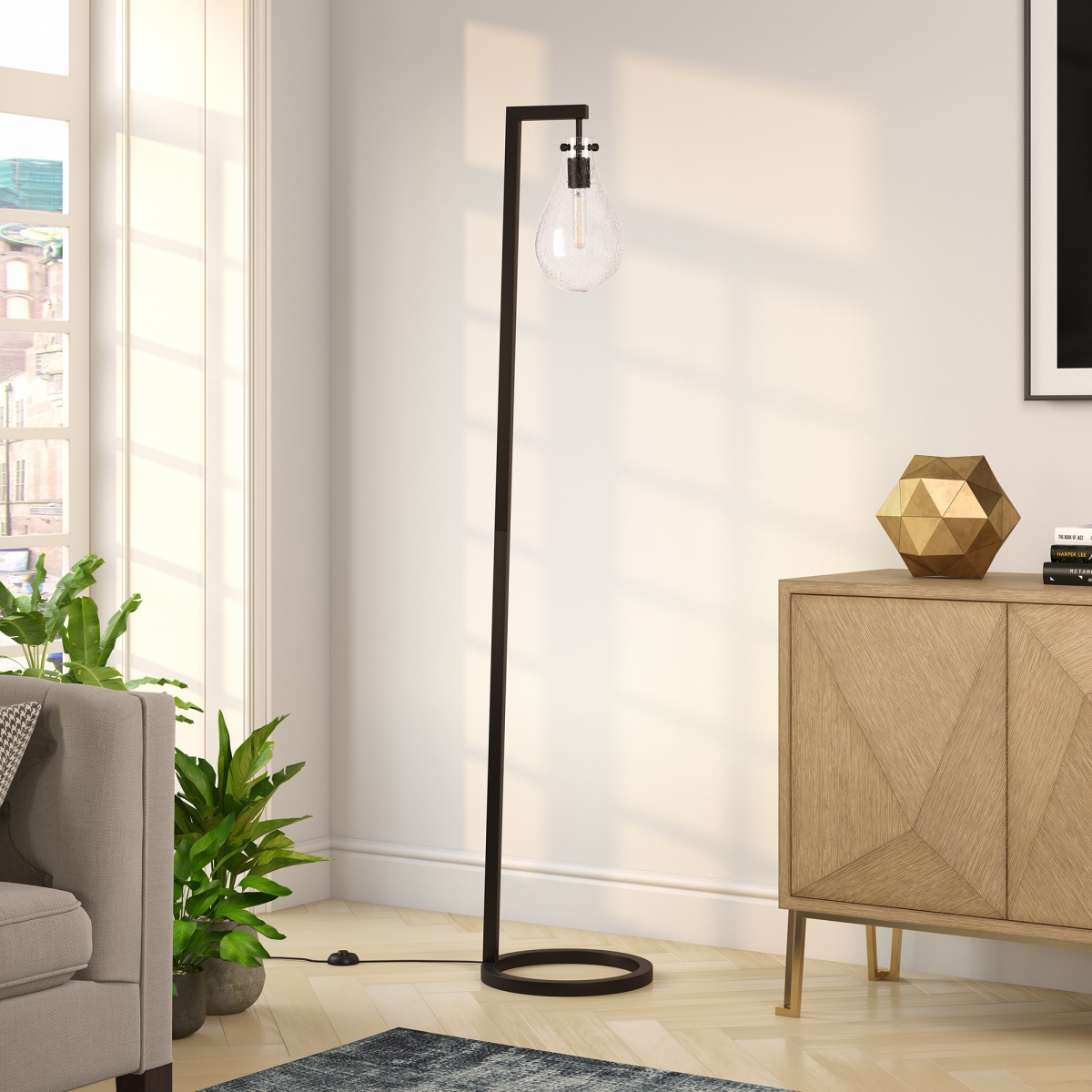 Picture of Henn & Hart FL0218 Weston Blackened Bronze Floor Lamp with Seeded Glass Shade