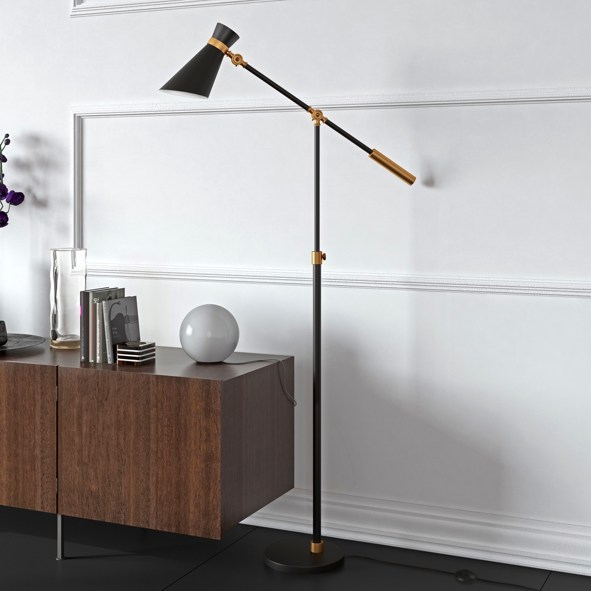 Picture of Henn & Hart FL0230 Rex Height-Adjustable Two-Tone Black & Brass Floor Lamp