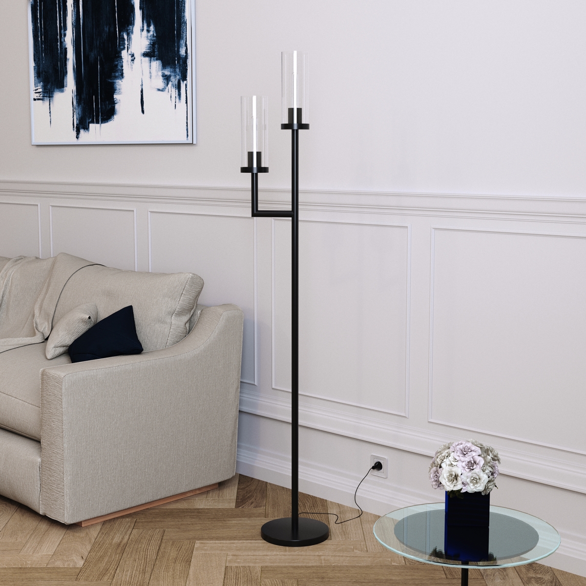 Picture of Henn & Hart FL0013 Basso Blackened Bronze 2-Light Torchiere Floor Lamp with Clear Glass Shades
