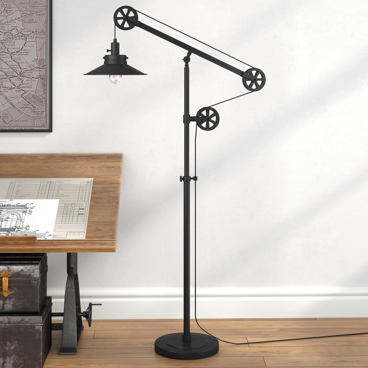 Picture of Henn & Hart FL0147 Descartes Wide Brim Blackened Bronze Floor Lamp with Pulley System