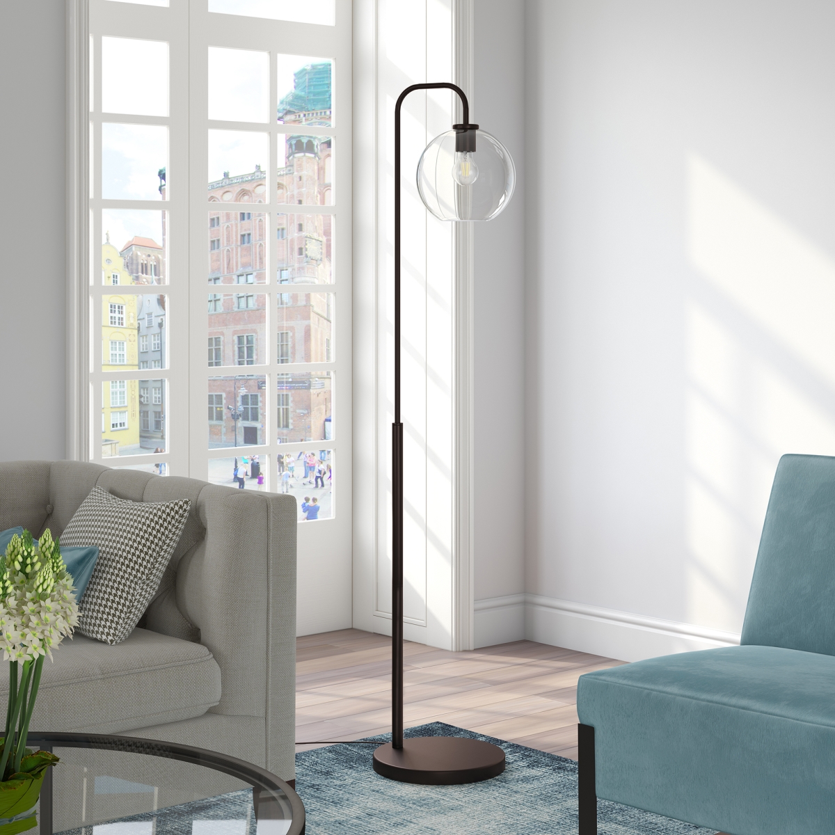 Picture of Henn & Hart FL0293 Harrison Blackened Bronze Arc Floor Lamp with Clear Glass Shade