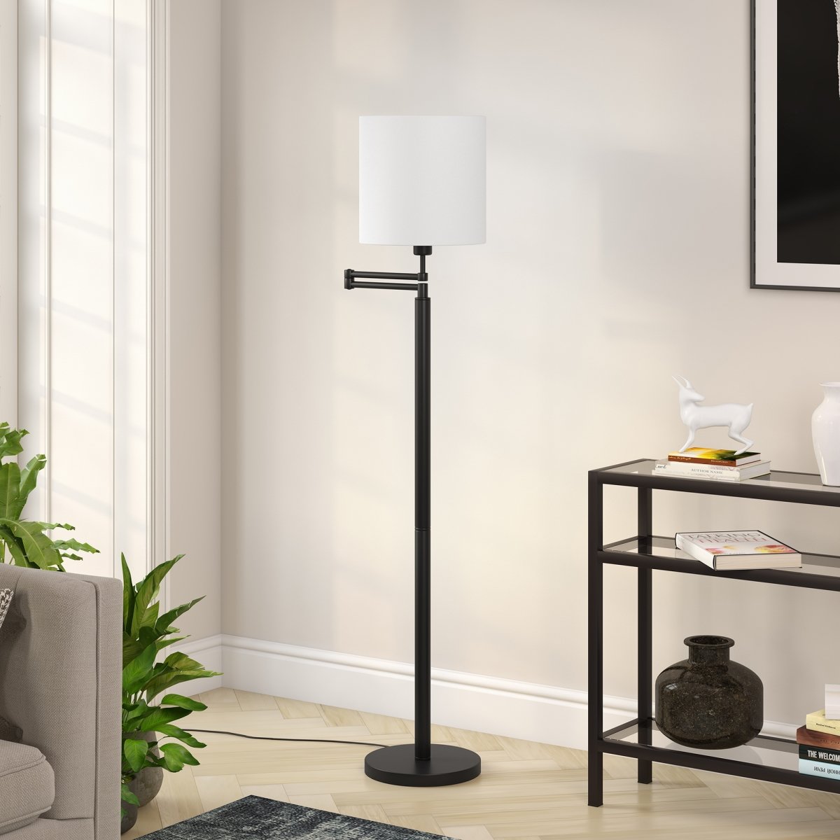 Picture of Henn & Hart FL0348 Moby Swing Arm Blackened Bronze Floor Lamp with Round Shade