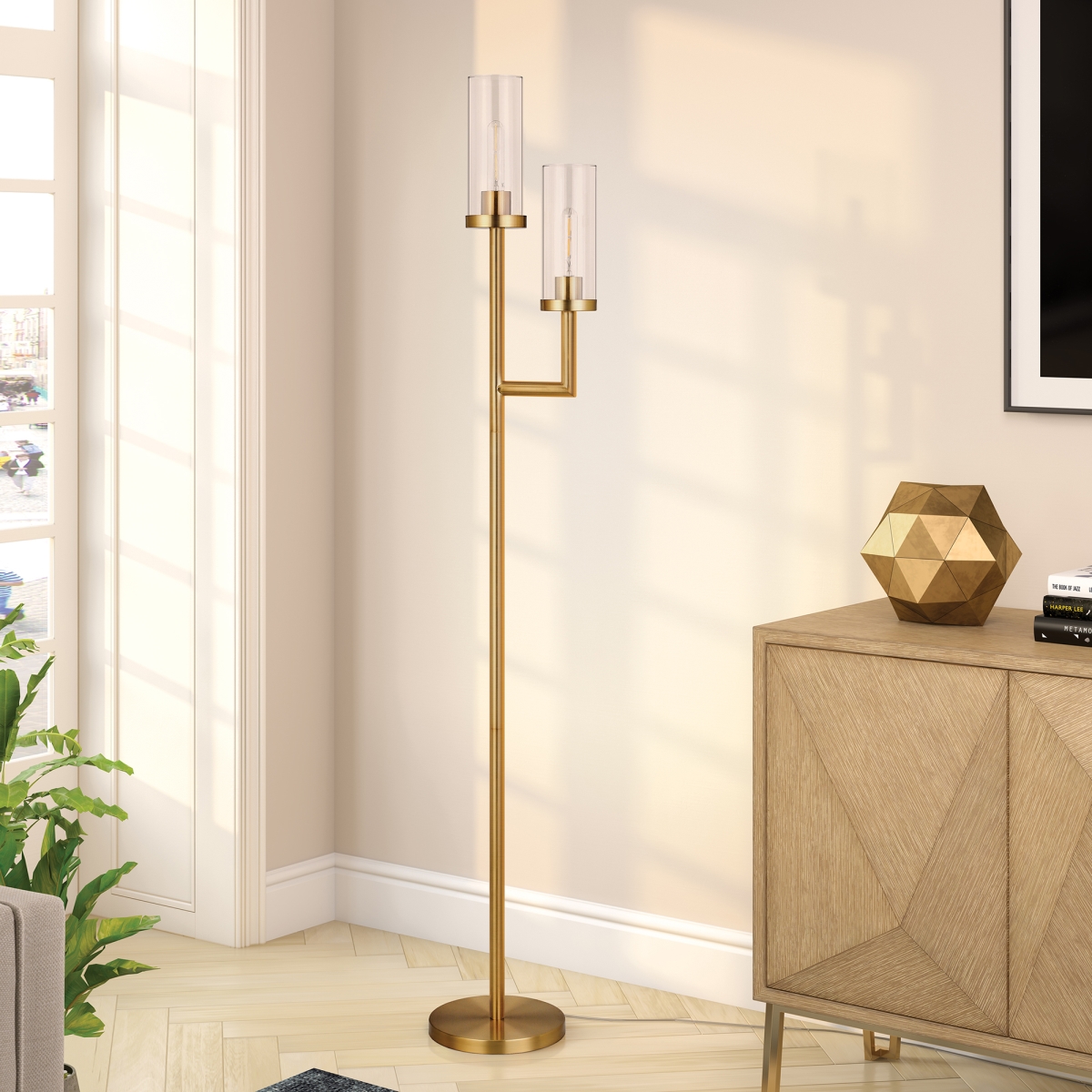Picture of Henn & Hart FL0354 Basso Brass Torchiere 2-Light Floor Lamp with Clear Glass Shades