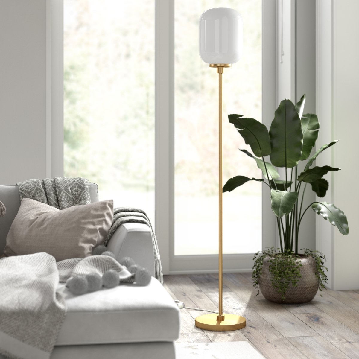 Picture of Henn & Hart FL0506 Agnolo Brass Floor Lamp with White Milk Glass Shade