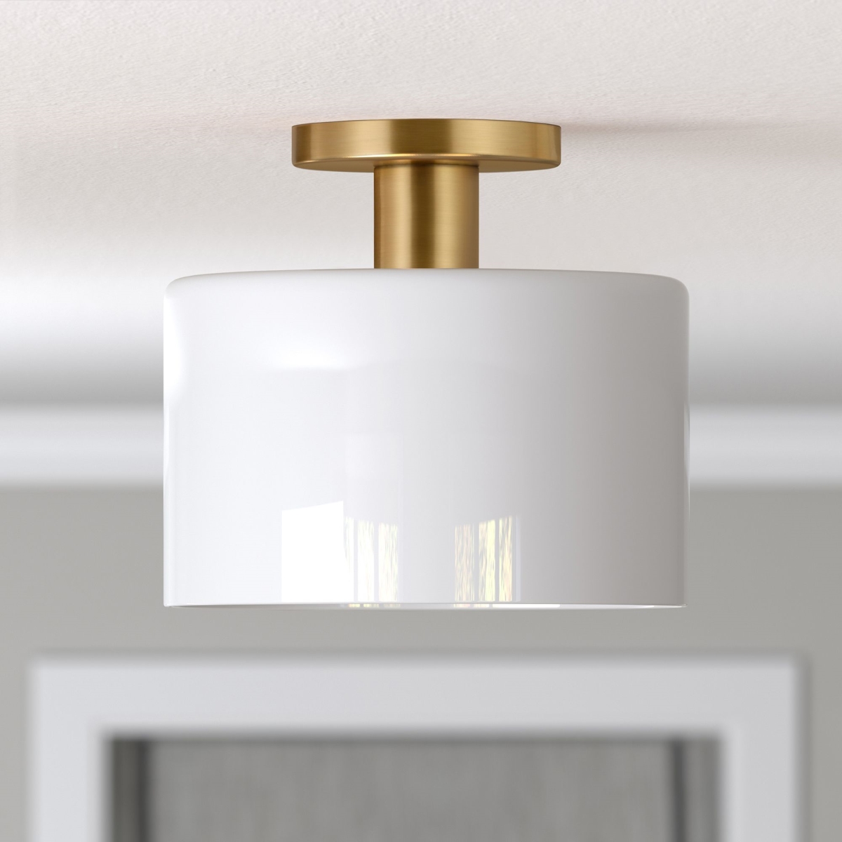 Picture of Henn & Hart SF0807 Henri Semi Flush Mount Ceiling Light with White Milk Glass Shade&#44; Brass Finish