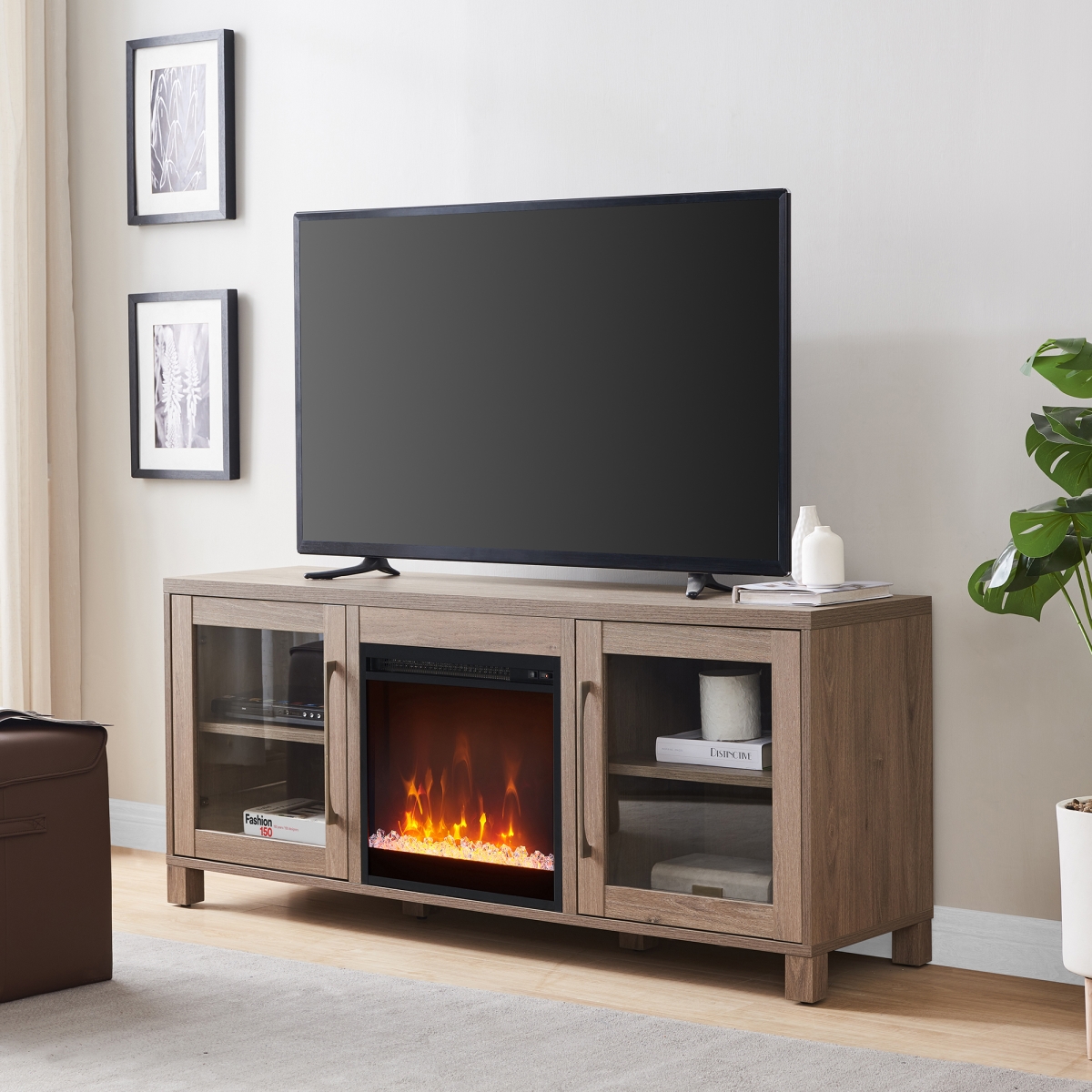 TV1413 Quincy Rectangular TV Stand with Crystal Fireplace for TVs up to 65 in. - Antiqued Grey Oak -  Hudson & Canal