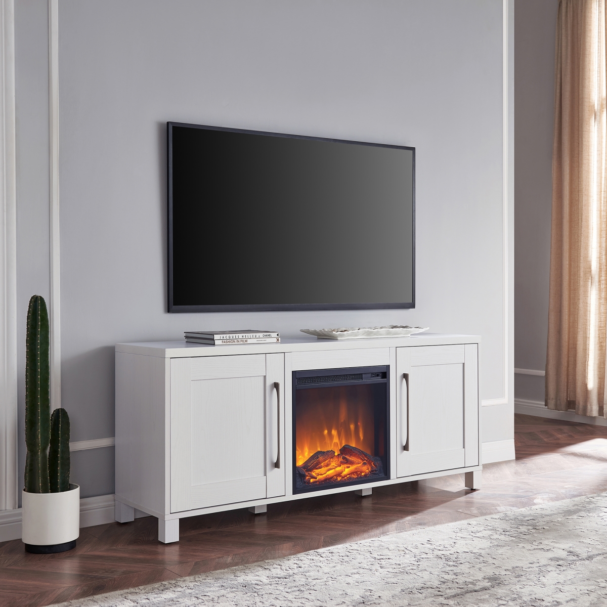 TV1431 Chabot Rectangular TV Stand with Log Fireplace for 65 in. TV, White -  Hudson & Canal