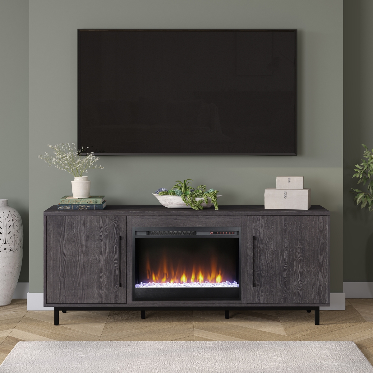 TV1818 Julian Rectangular TV Stand with Crystal Fireplace for TV's up to 80' in Charcoal Gray -  Hudson&Canal