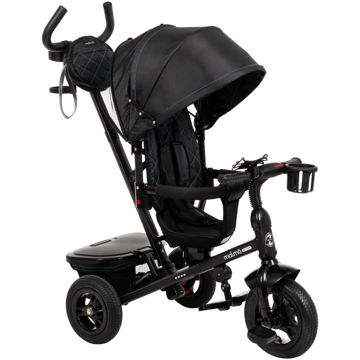 29044 Malmo Ultra 4-in-1 Toddler Tricycle with Push Handle - Canopy - Cup Holder and Phone Holder - Convertible - Ages 1.5 to 3  Black