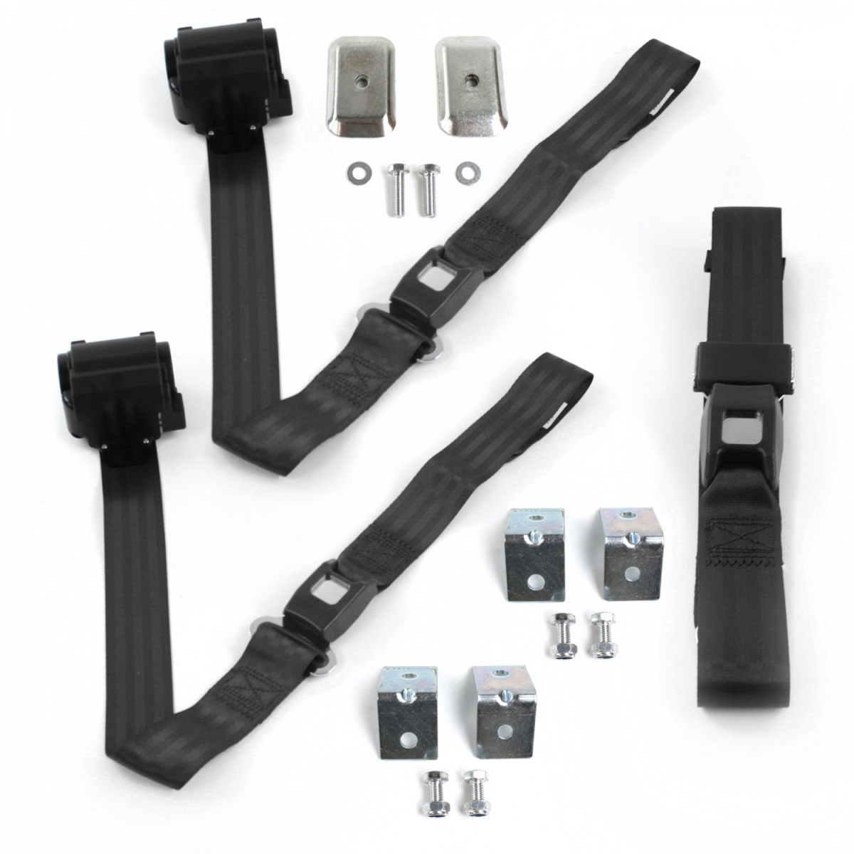 Standard 2 Point Black Retractable Bench Seat Belt Kit with Bracketry for 1975-1991 Ford Van - 3 Belts