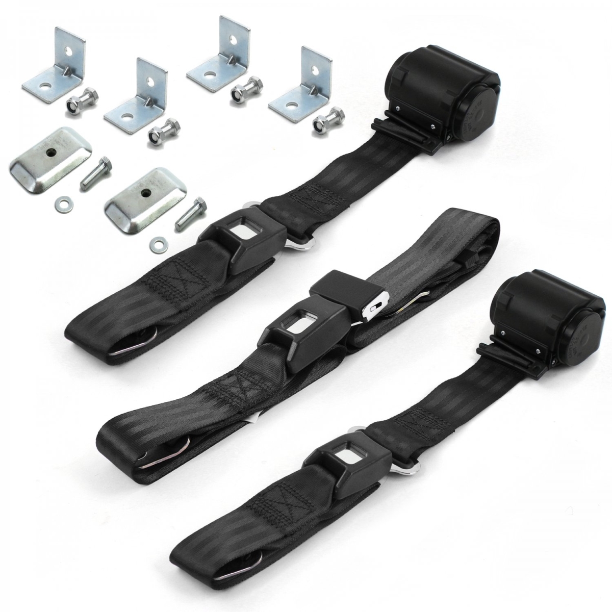 680161 Standard 2 Point Black Retractable Bench Seat Belt Kit with Bracketry for 1957-1958 Buick Roadmaster - 3 Belts