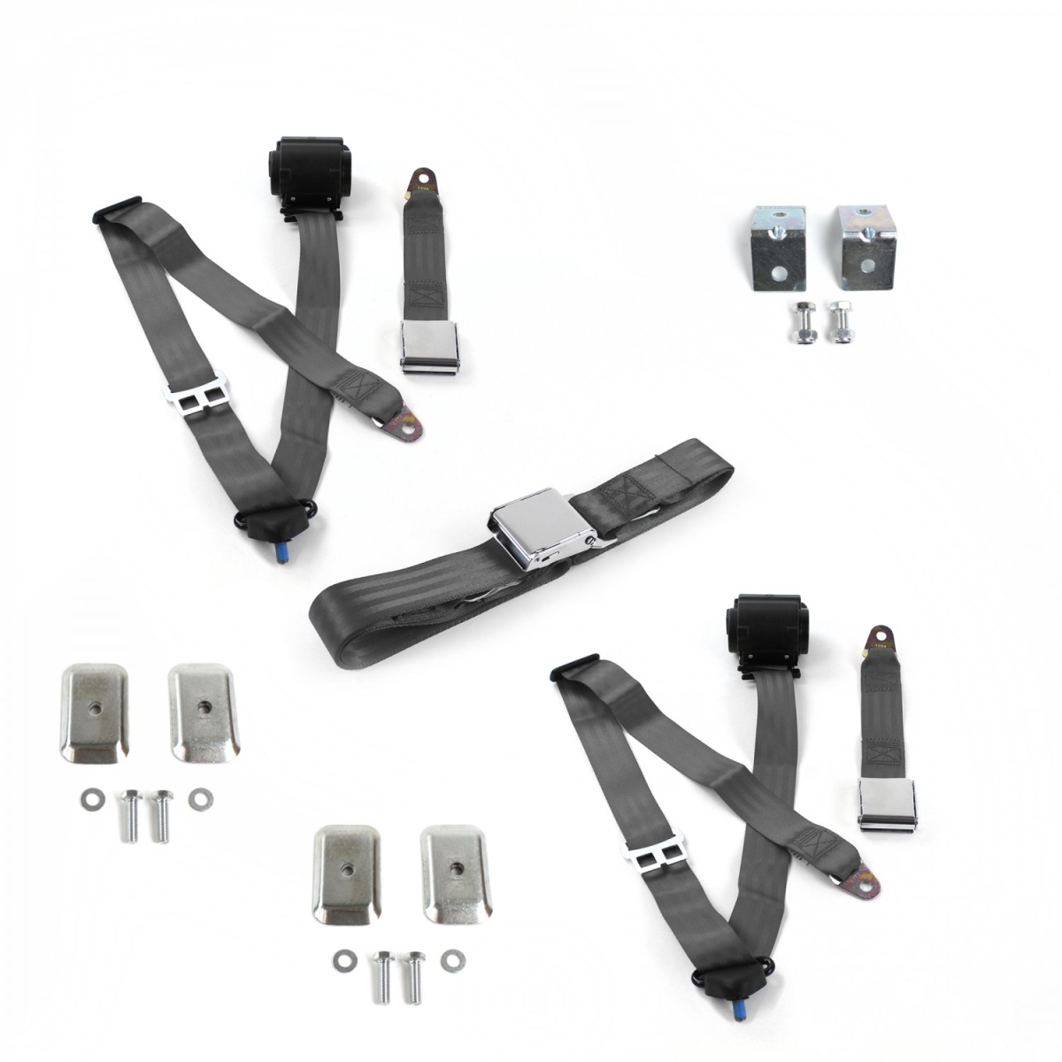 Airplane 3 Point Charcoal Retractable Bench Seat Belt Kit with Bracketry for 1928-1932 Early Cars - 3 Belts