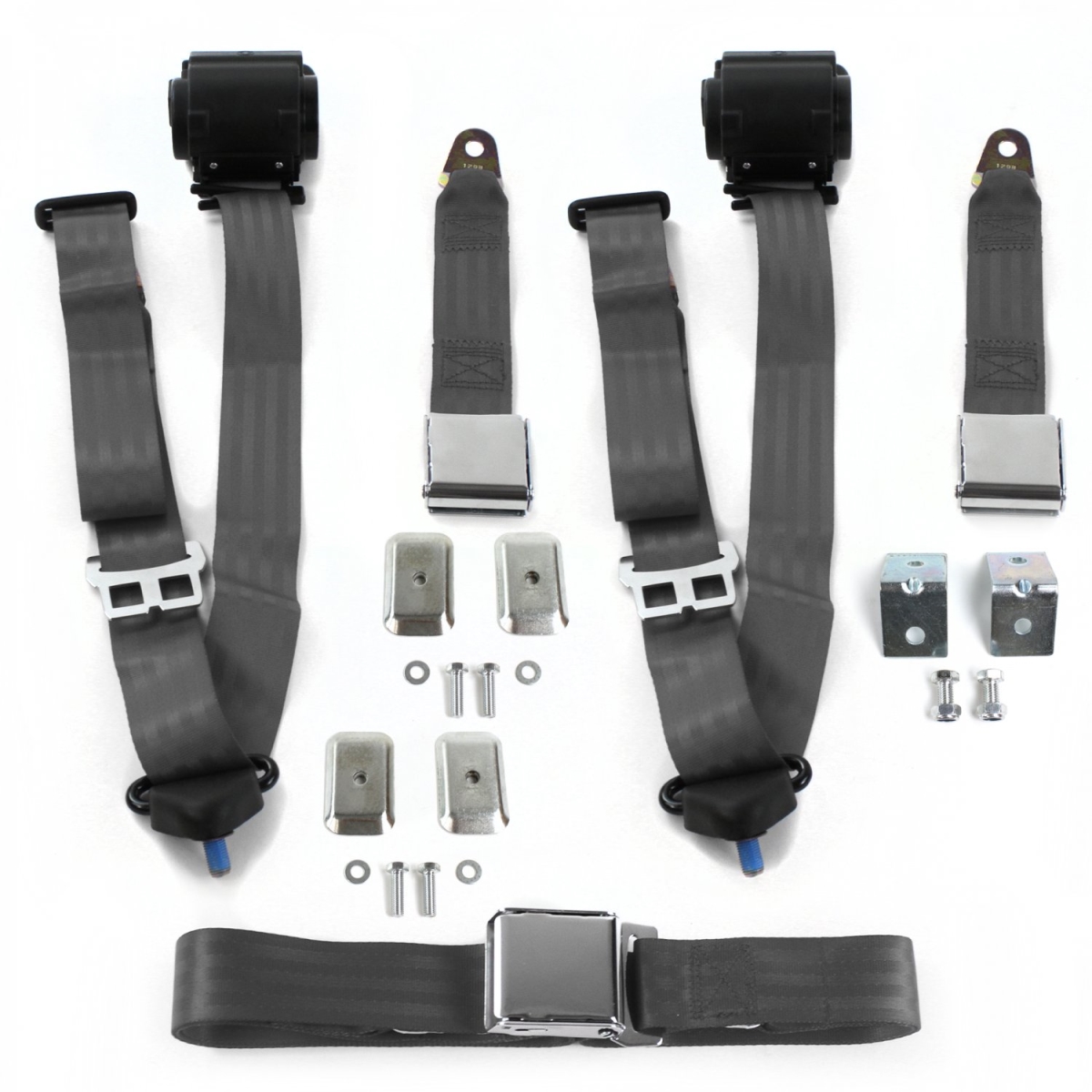 Airplane 3 Point Charcoal Retractable Bench Seat Belt Kit with Bracketry for 1949-1953 Buick Roadmaster - 3 Belts