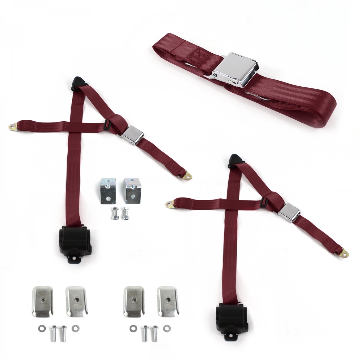 Airplane 3 Point Burgundy Retractable Bench Seat Belt Kit with Bracketry for 1962-1965 Chevy II - 3 Belts