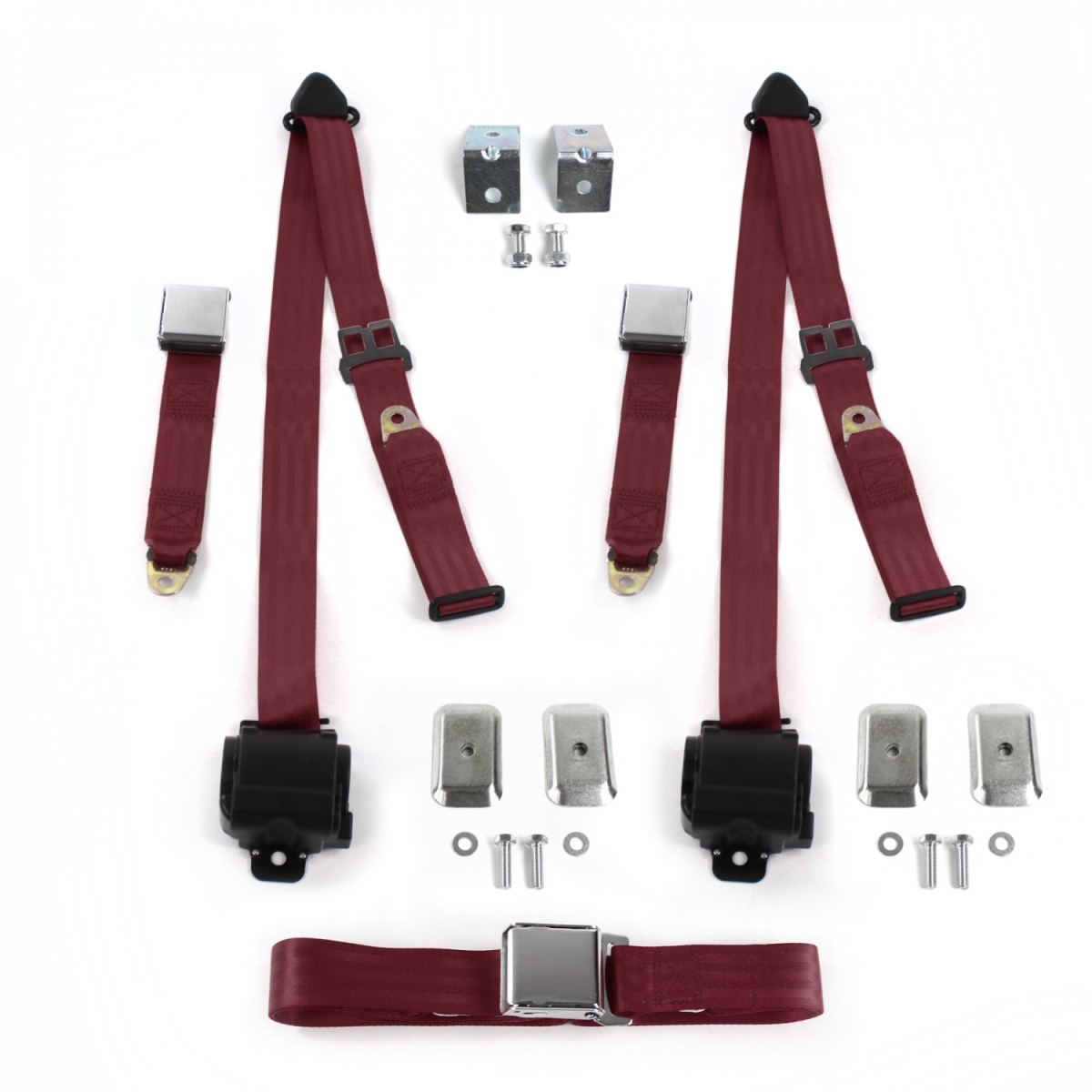 686363 Airplane 3 Point Burgundy Retractable Bench Seat Belt Kit with Bracketry for 1960-1961 Ford Fairlane - 3 Belts