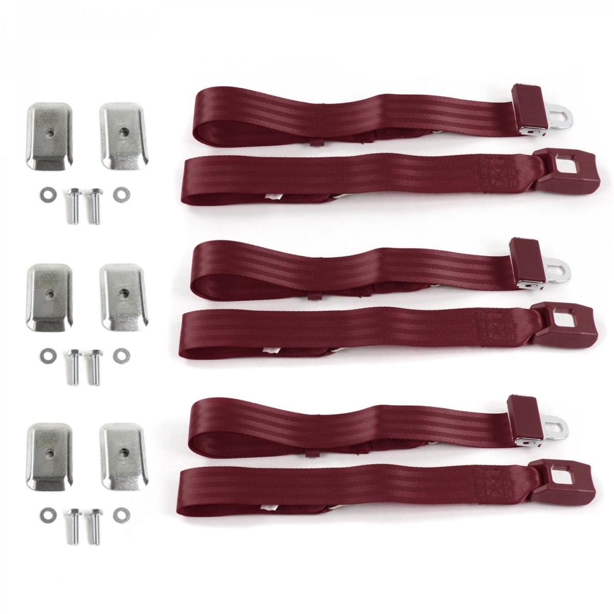 Standard 2 Point Burgundy Lap Bench Seat Belt Kit with Bracketry for 1900-1927 Early Cars - 3 Belts