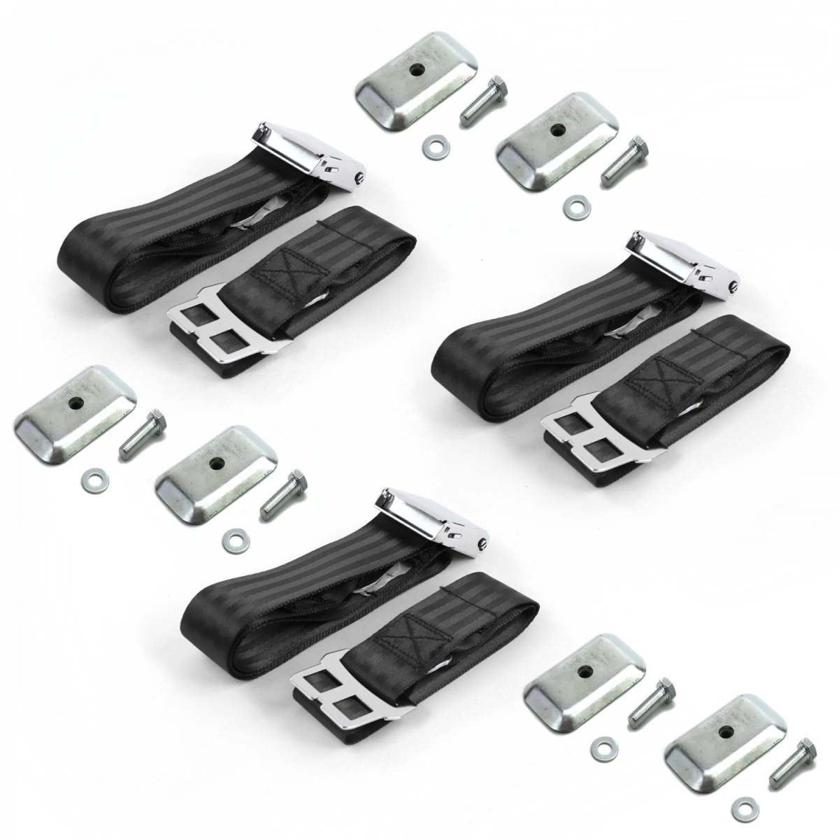 678149 Airplane 2 Point Black Lap Bench Seat Belt Kit with Bracketry for 1947-1952 VW Type 1 Split - 3 Belts