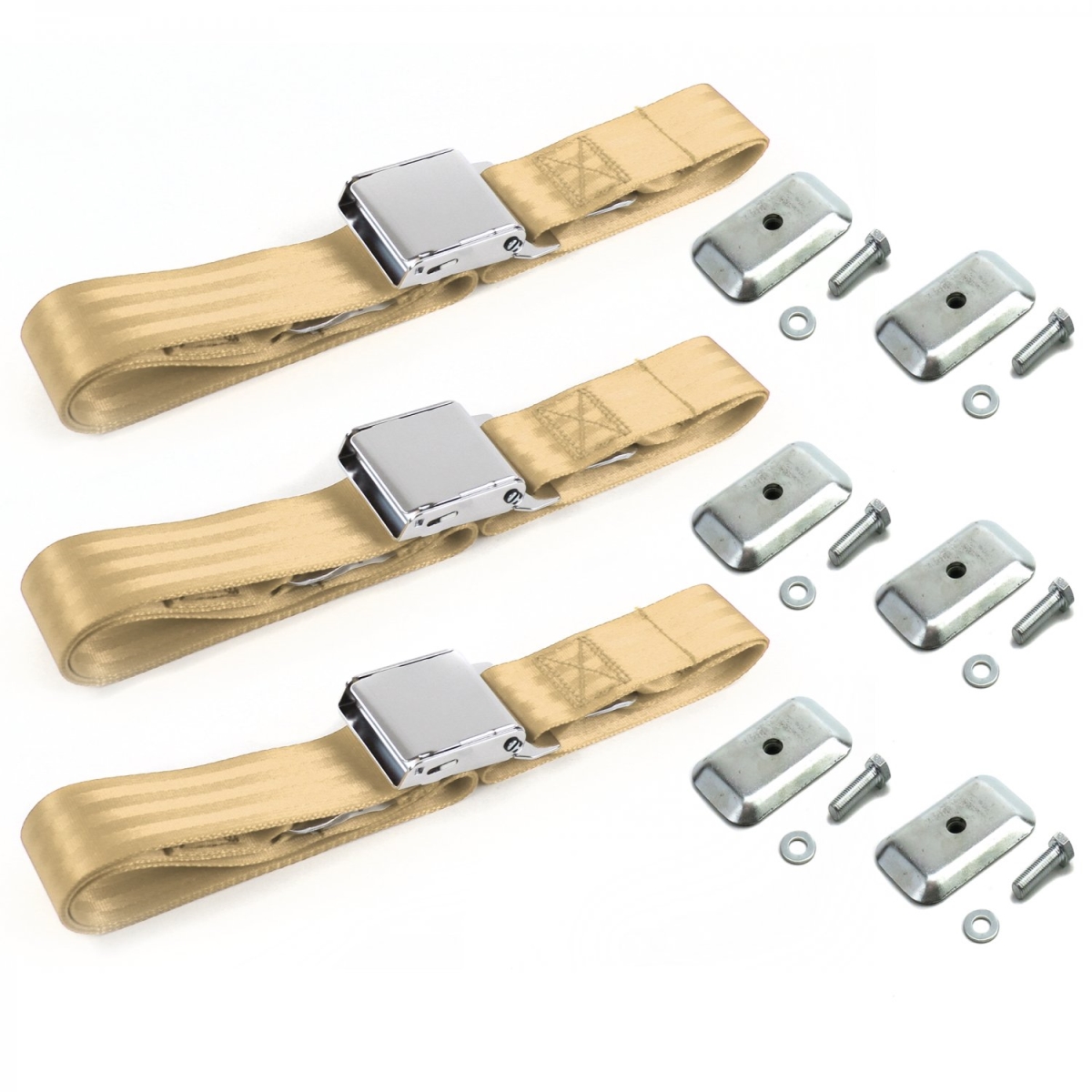 678523 Airplane 2 Point Tan Lap Bench Seat Belt Kit with Bracketry for 1960-1963 Ford Falcon - 3 Belts
