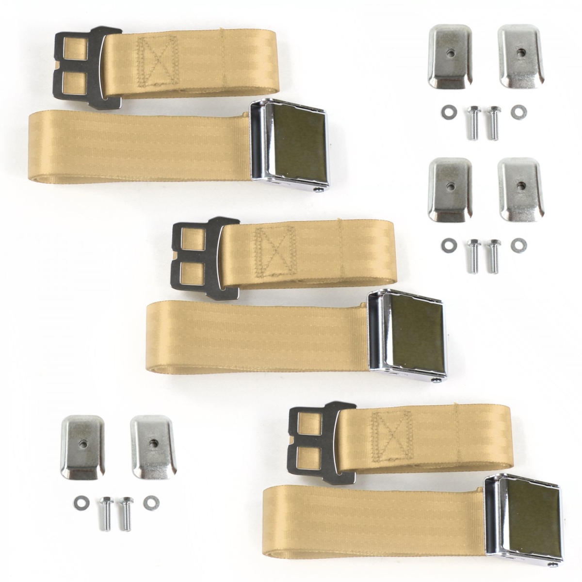 678558 Airplane 2 Point Tan Lap Bench Seat Belt Kit with Bracketry for 1953-1961 Triumph TR2, 3 - 3 Belts