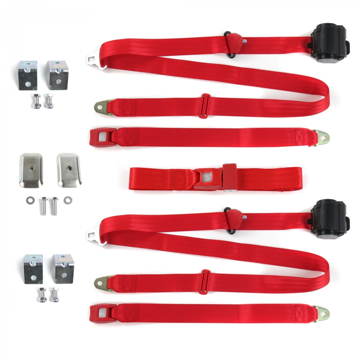 Standard 3 Point Red Retractable Bench Seat Belt Kit with Bracketry for 1941-1948 Ford - 3 Belts