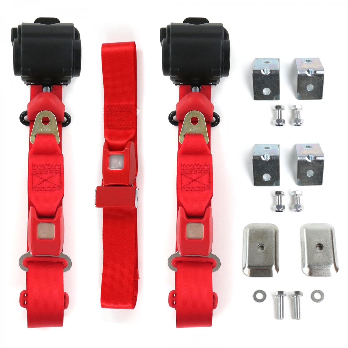 Standard 3 Point Red Retractable Bench Seat Belt Kit with Bracketry for 1949-1951 Ford - 3 Belts