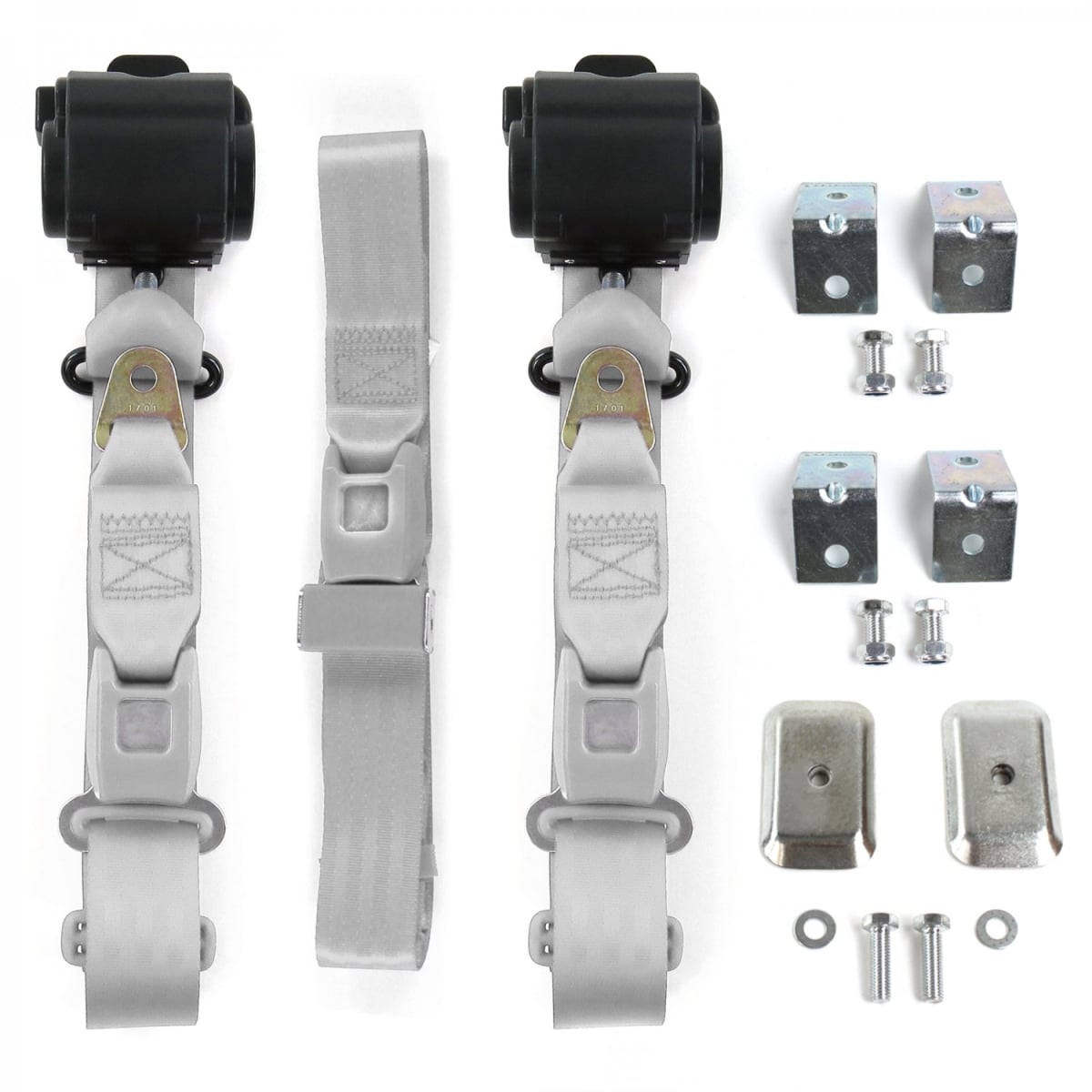 Standard 3 Point Gray Retractable Bench Seat Belt Kit with Bracketry for 1987-1996 Jeep Wrangler - 3 Belts