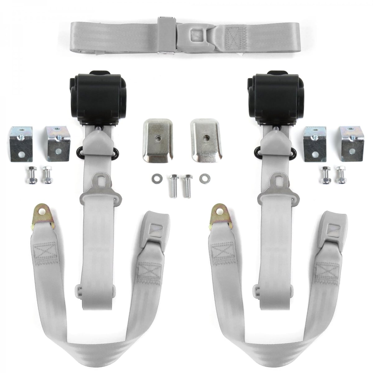 Standard 3 Point Gray Retractable Bench Seat Belt Kit with Bracketry for 1933-1934 Early Cars - 3 Belts