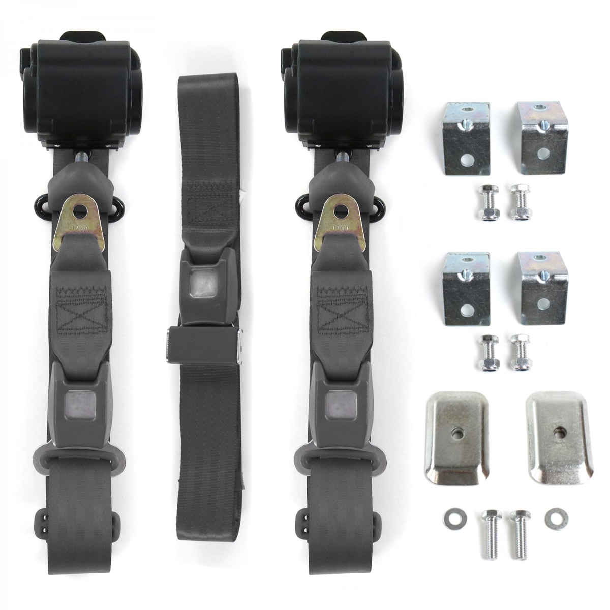 Standard 3 Point Charcoal Retractable Bench Seat Belt Kit with Bracketry for 1955-1959 Chevy Truck - 3 Belts