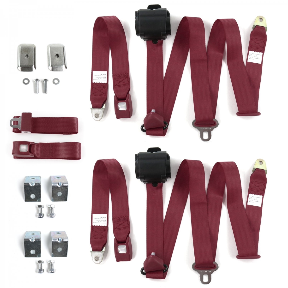 684909 Standard 3 Point Burgundy Retractable Bench Seat Belt Kit with Bracketry for 1961-1964 Chevy Impala - 3 Belts