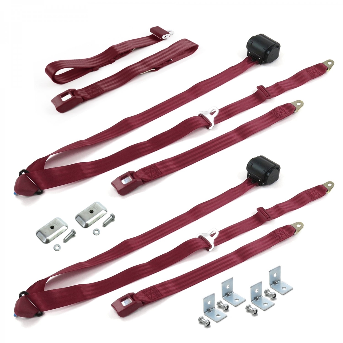 684918 Standard 3 Point Burgundy Retractable Bench Seat Belt Kit with Bracketry for 1981-1993 Chevy Truck S10 - 3 Belts