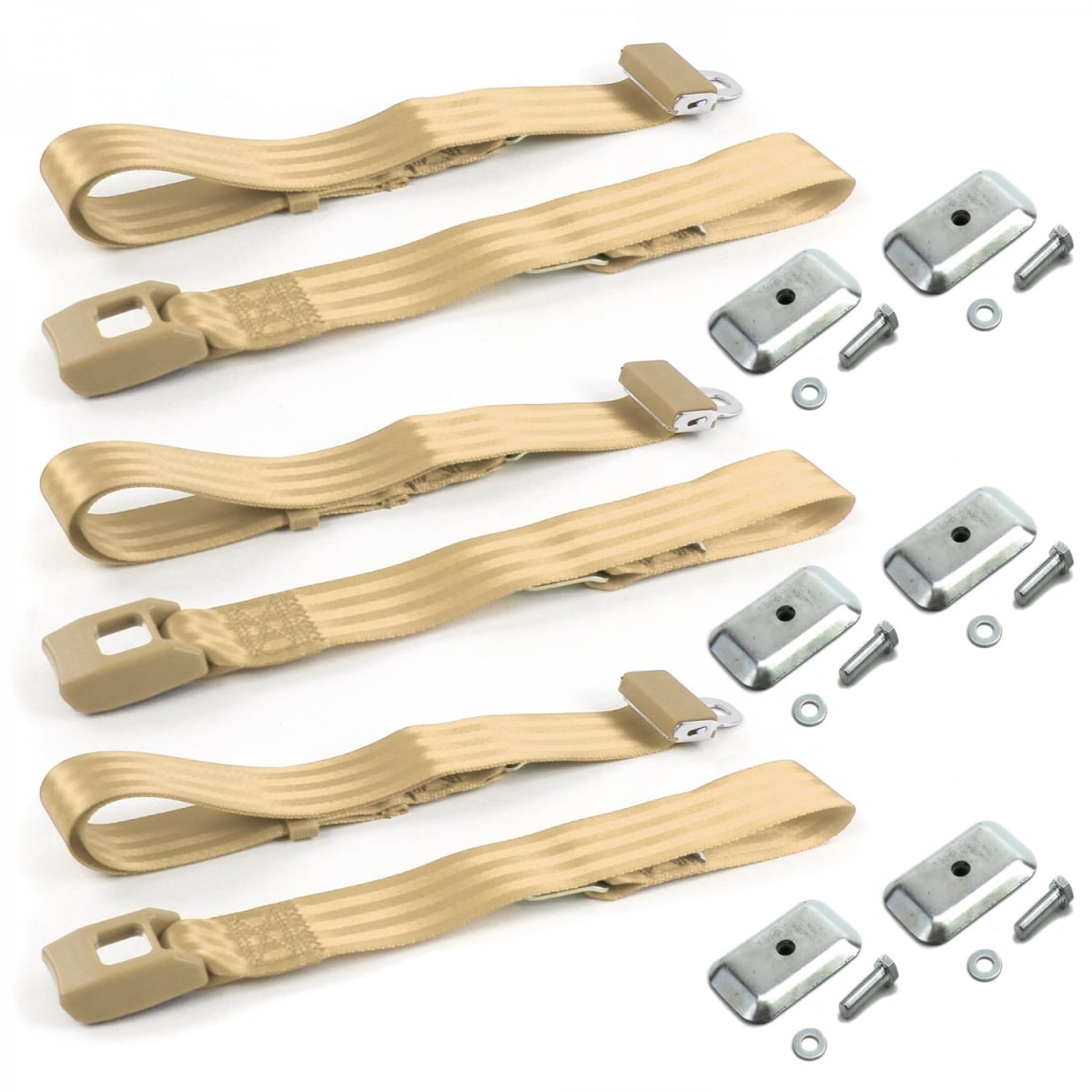 676599 Standard 2 Point Tan Lap Bench Seat Belt Kit with Bracketry for 1964-1966 Ford Mustang - 3 Belts