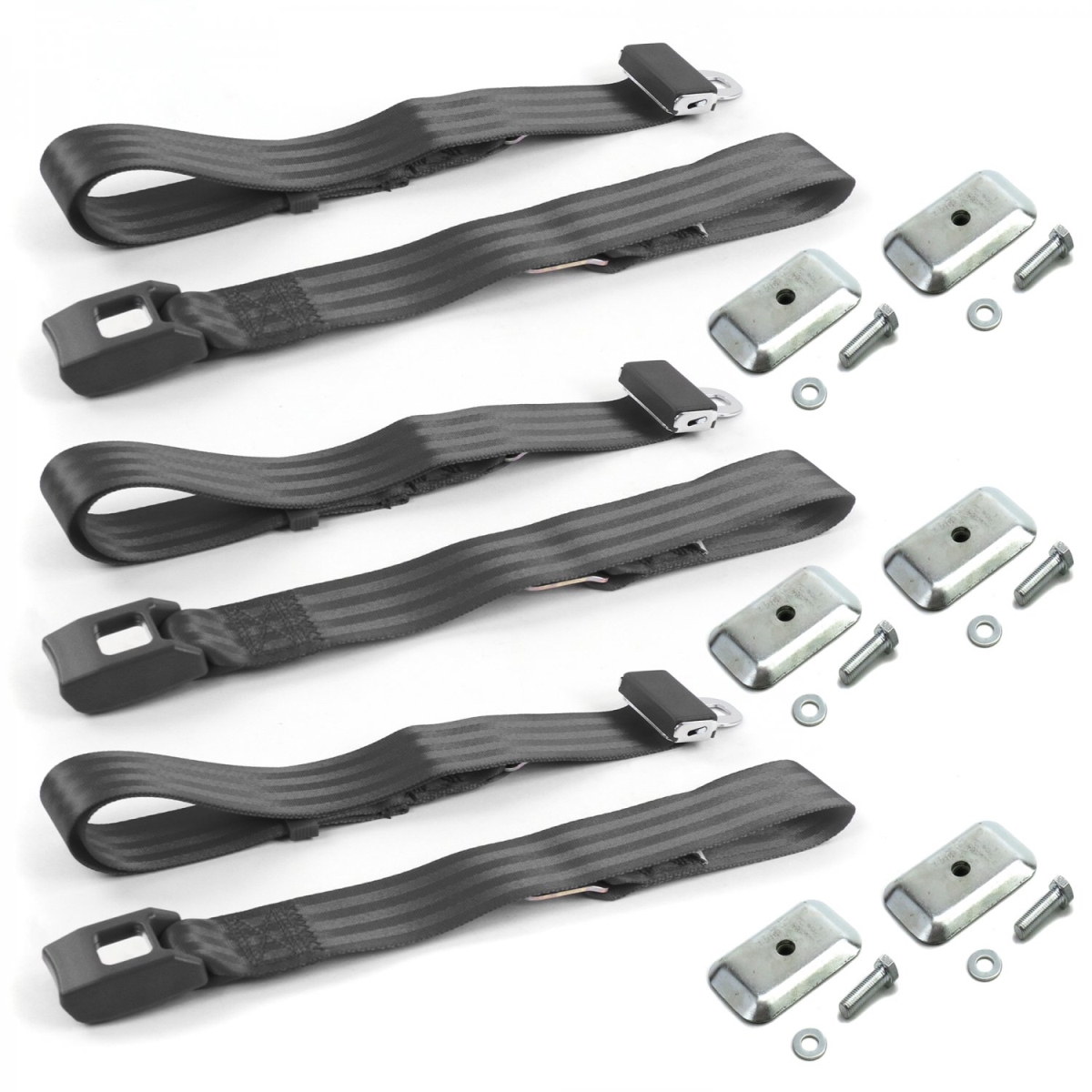 677525 Standard 2 Point Charcoal Lap Bench Seat Belt Kit with Bracketry for 1967-1970 Ford Mustang - 3 Belts