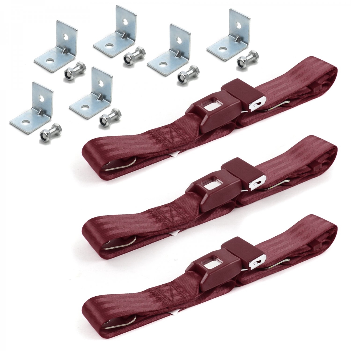 677912 Standard 2 Point Burgundy Lap Bench Seat Belt Kit with Bracketry for 1971-1977 Ford Maverick - 3 Belts