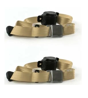 698456 Airplane 3 Point Tan Retractable Bucket Seat Belt Kit with Bracketry for 1957-1959 Ford - 2 Belts