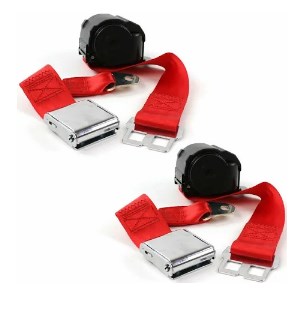Airplane 3 Point Red Retractable Bucket Seat Belt Kit with Bracketry for 1935-1940 Chevy Truck - 2 Belts