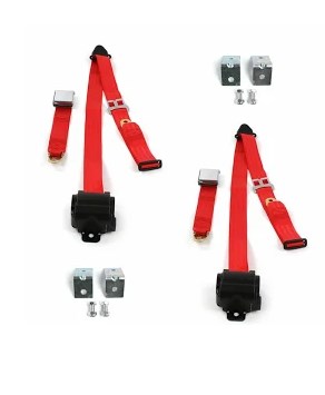 Airplane 3 Point Red Retractable Bucket Seat Belt Kit with Bracketry for 1941-1946 Chevy Truck - 2 Belts