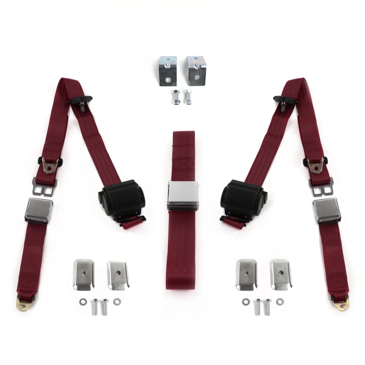 686465 Airplane 3 Point Burgundy Retractable Bench Seat Belt Kit with Bracketry for 1985-1992 Jeep Comanche - 3 Belts
