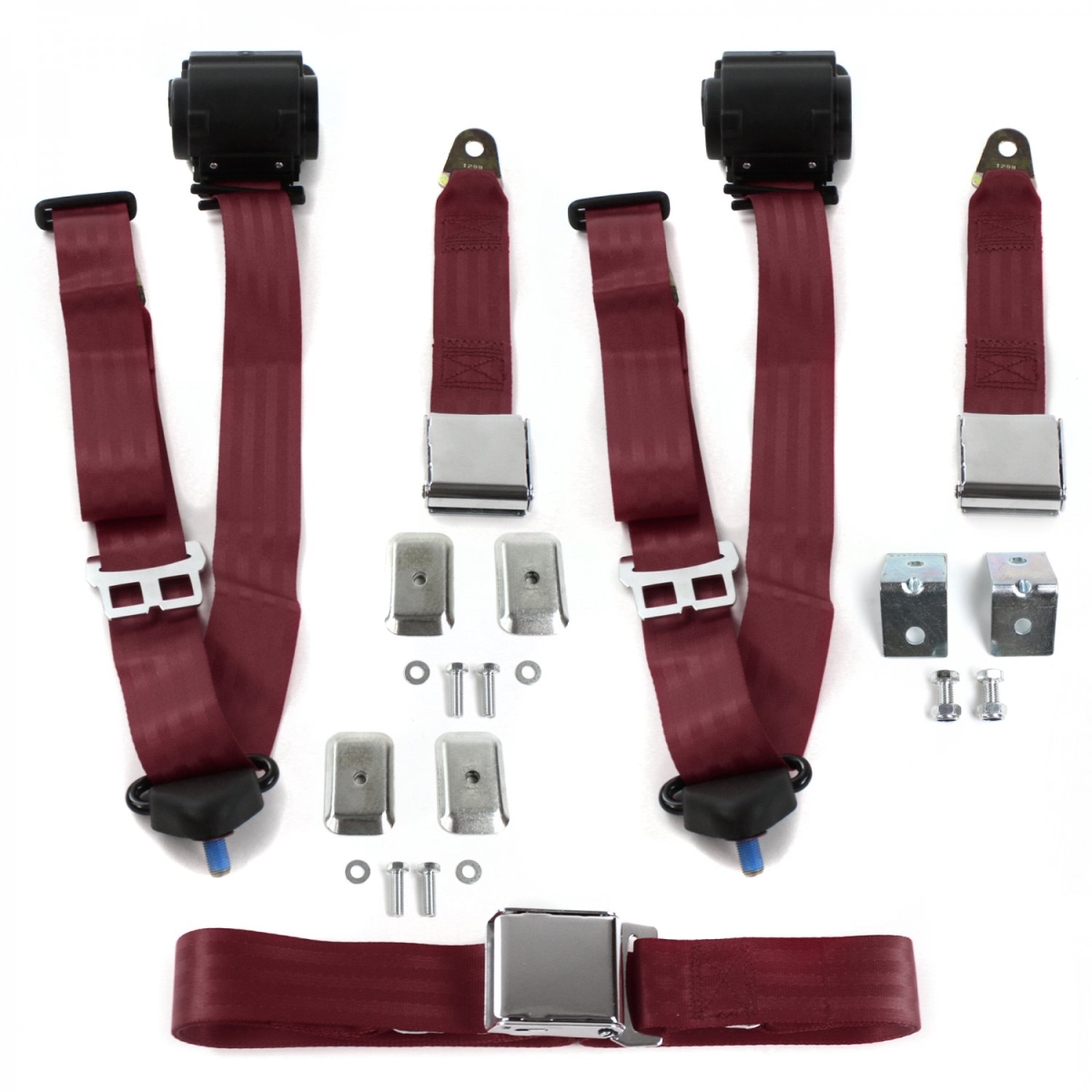 686487 Airplane 3 Point Burgundy Retractable Bench Seat Belt Kit with Bracketry for 1935-1940 Early Cars - 3 Belts