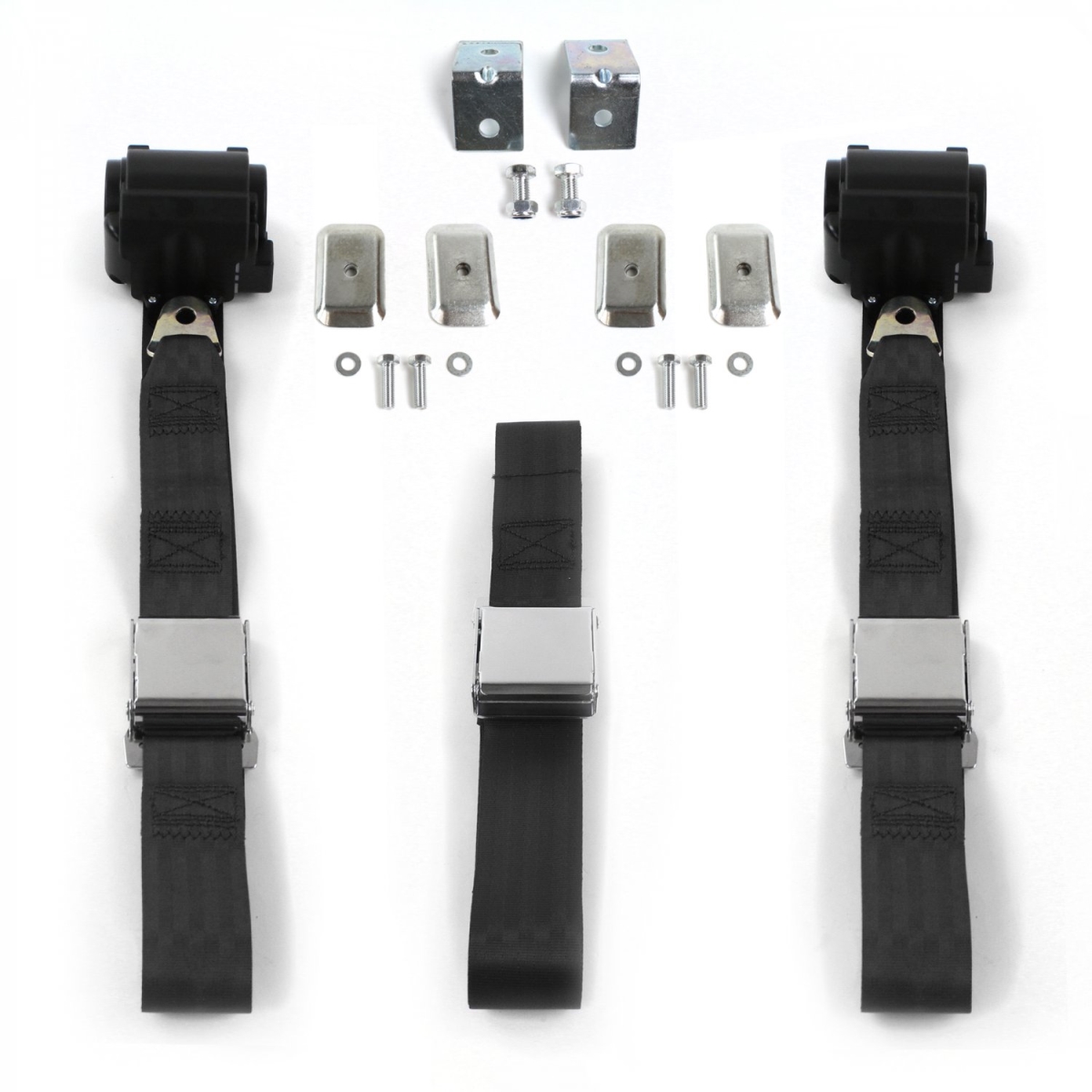 Airplane 2 Point Black Retractable Bench Seat Belt Kit with Bracketry for 1966-1967 Chevy II - 3 Belts