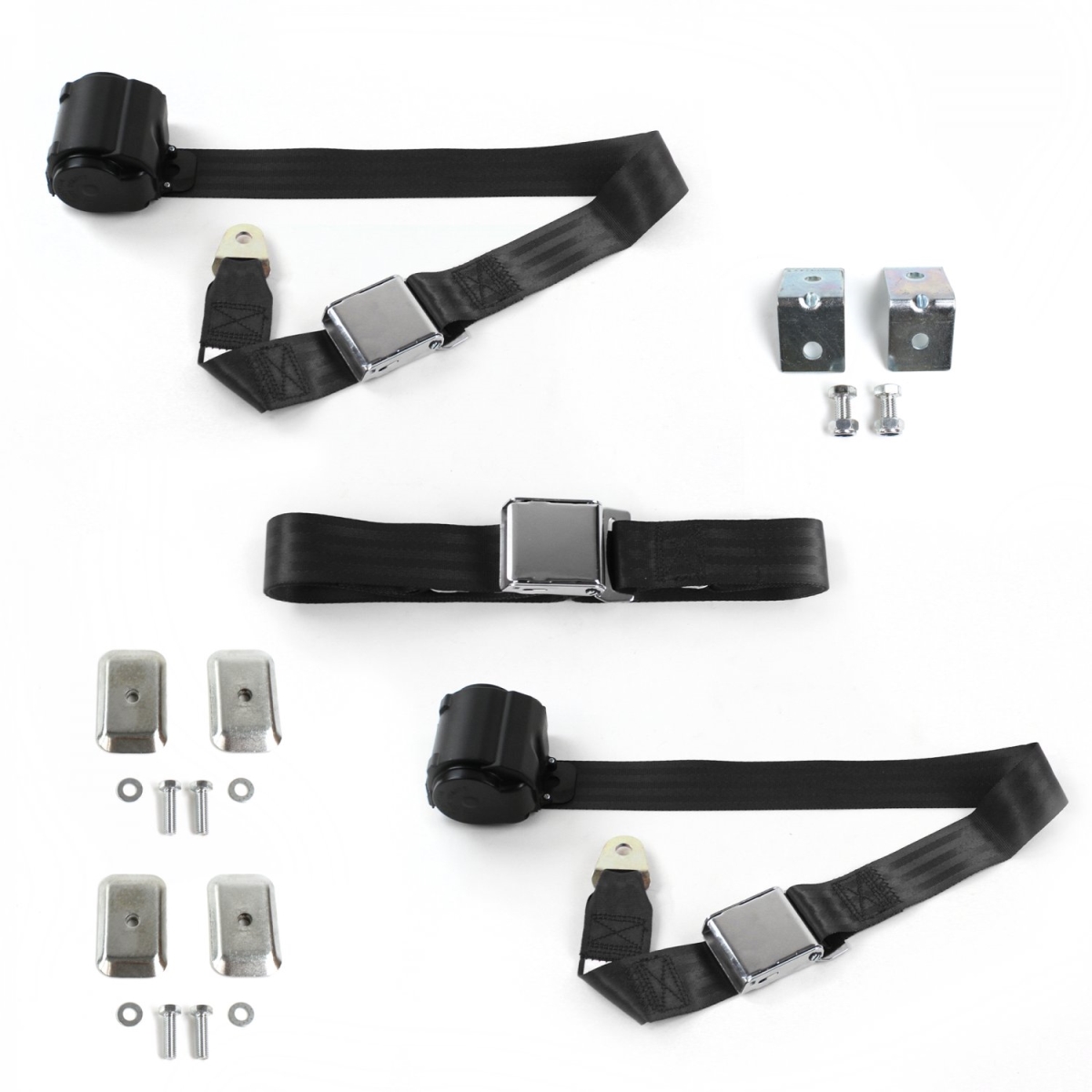 681967 Airplane 2 Point Black Retractable Bench Seat Belt Kit with Bracketry for 1985-1992 Jeep Comanche - 3 Belts