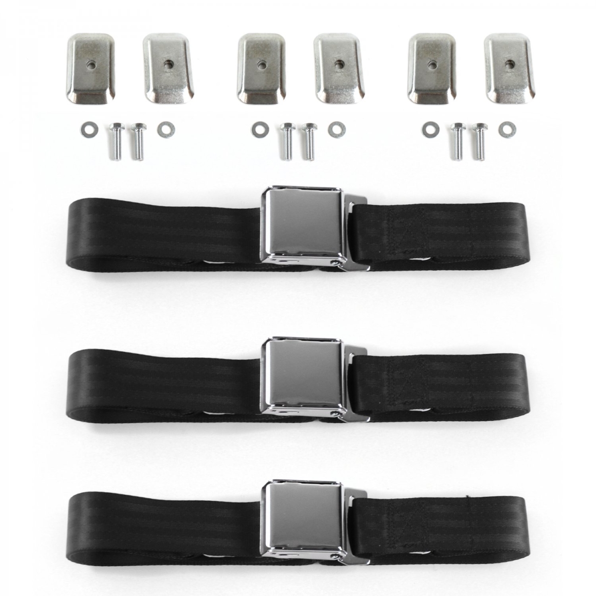 Airplane 2 Point Black Lap Bench Seat Belt Kit with Bracketry for 1935-1940 Chevy Truck - 3 Belts
